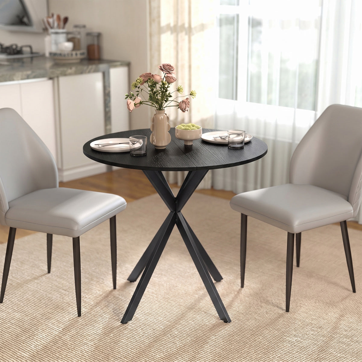 HOMCOM Runder Küchentisch, 80 cm, kompakte Tischplatte, Spanplatte, Metall, Schwarz – Produktabbildung 2