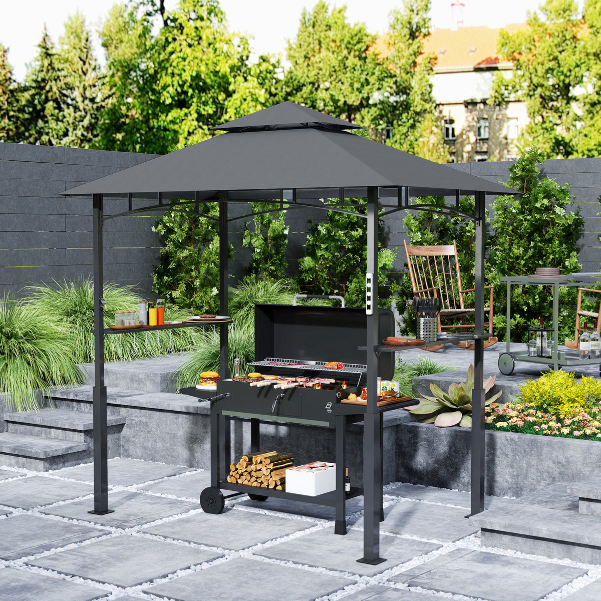 Outsunny Grillpavillon, Gartengrillzelt mit Gewürzregalen, LED-Beleuchtung, Metall, Kunststoff, 243L x – Produktabbildung 2