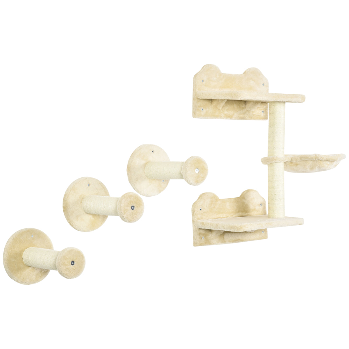 PawHut Kletterstufen, Kletterwand, Katzentreppe, 4-tlg. Set, mit Kratzbaum, Hängematte, beige+cremeweiß, 40 x