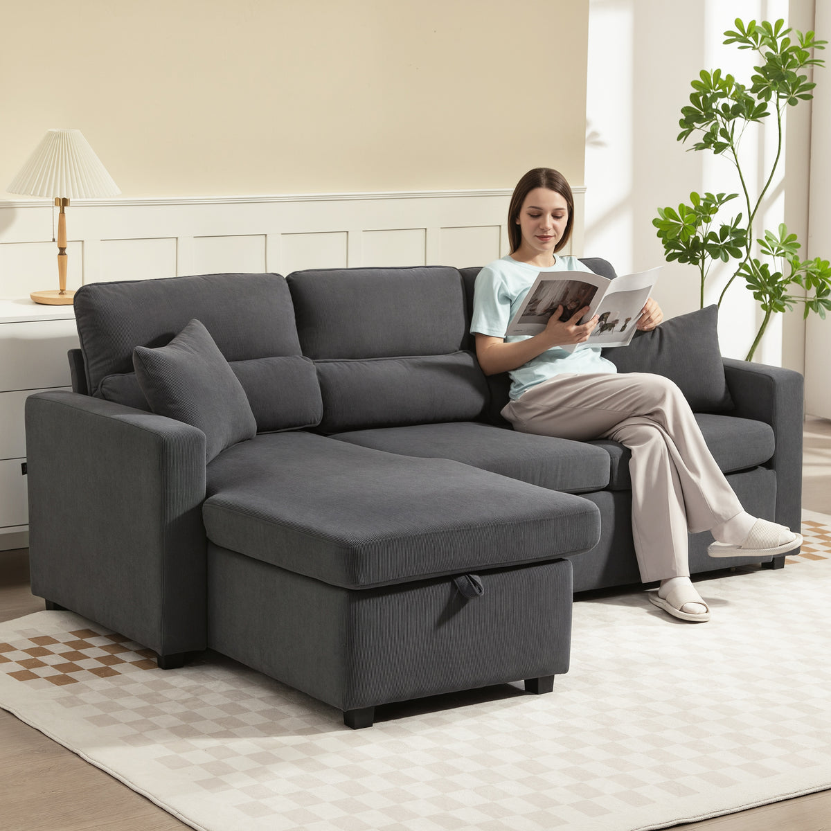 HOMCOM Verstellbares Bettsofa, L-förmiges Gästesofa mit Bettfunktion, Stauraum, Kissen, für Wohnzimmer – Produktabbildung 2