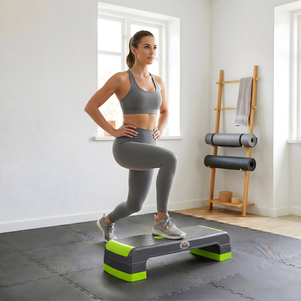 HOMCOM Aerobik-Stepper, 3-stufig höhenverstellbar, bis 150 kg, 78 x 28 x 20 cm, Grau/Grün – Produktabbildung 2