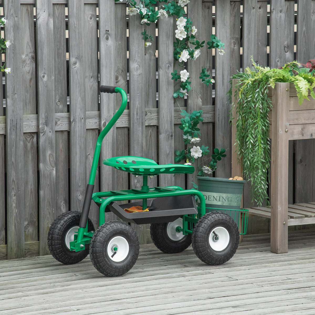 Outsunny Gartenwagen mit Rollsitz bis 150 kg mit Ablage Korb für kleine Gartengeräte Werkstattwagen – Produktabbildung 2