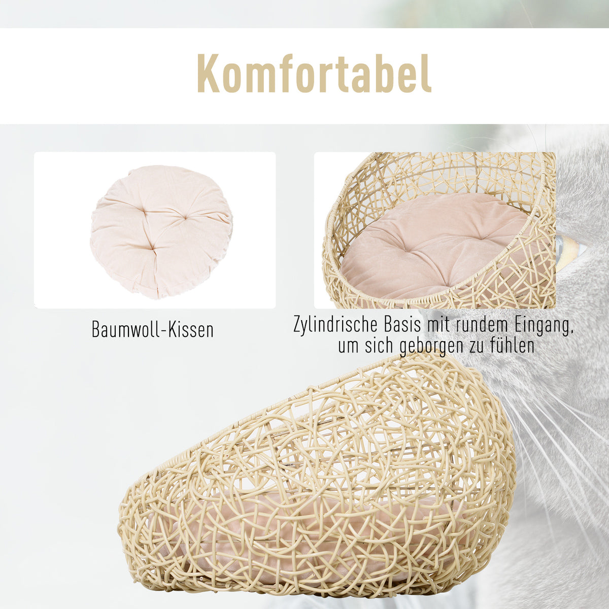 PawHut Rattan Katzenhöhle Katzenbett Katzenhaus mit Kissen Katzenzelt Haustierhaus für Katzen Hunde – Produktabbildung 4