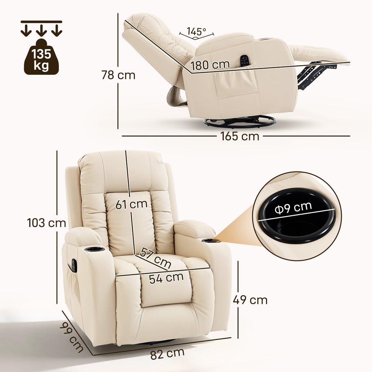 HOMCOM Massagesessel mit Wipp-, Liege- & Wärmefunktion, 3 Modi, drehbar, Cremeweiß – Produktabbildung 3