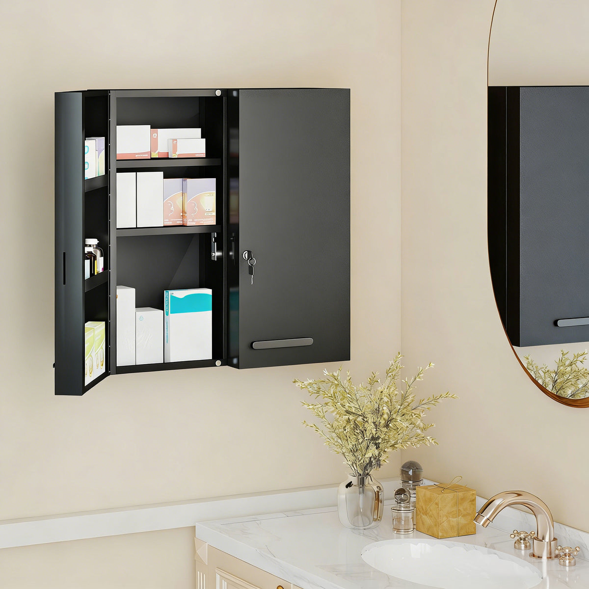 KleanKin Medizinschrank, abschließbarer Medikamentenschrank mit 2 Türen und 6 Regalen, Schwarz – Produktabbildung 2