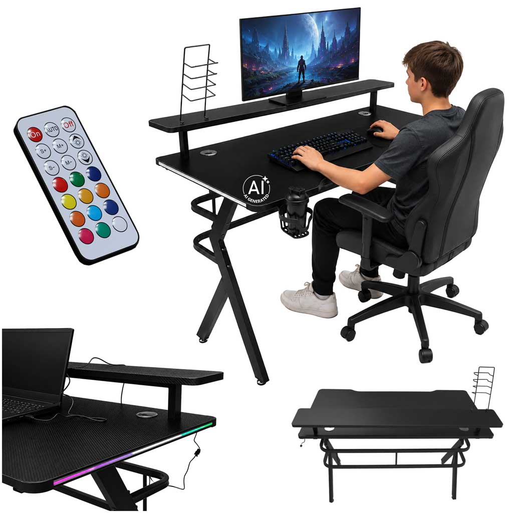IKONKA HOME Gaming-Schreibtisch mit RGB-LED-Aufsatz und PC-Halterungen für Gamer, 120 x 60 cm – Produktabbildung 2
