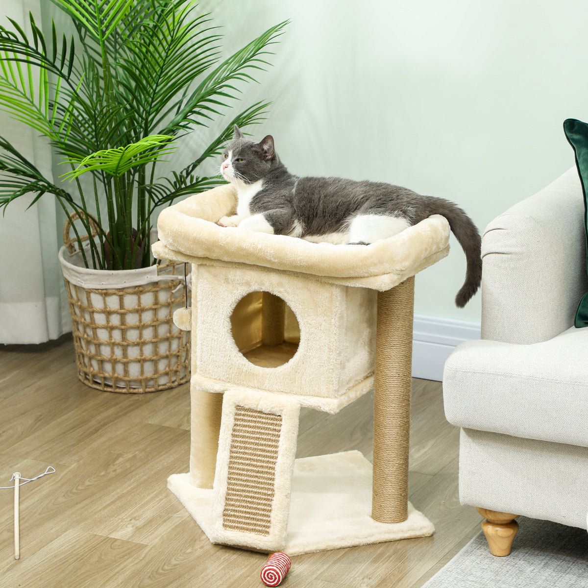 PawHut Kratzbaum mit Jute-Kratzmatte, Liegeplattform, Spielball, Katzenhaus, Beige, 40 x 40 x 57 cm – Produktabbildung 2