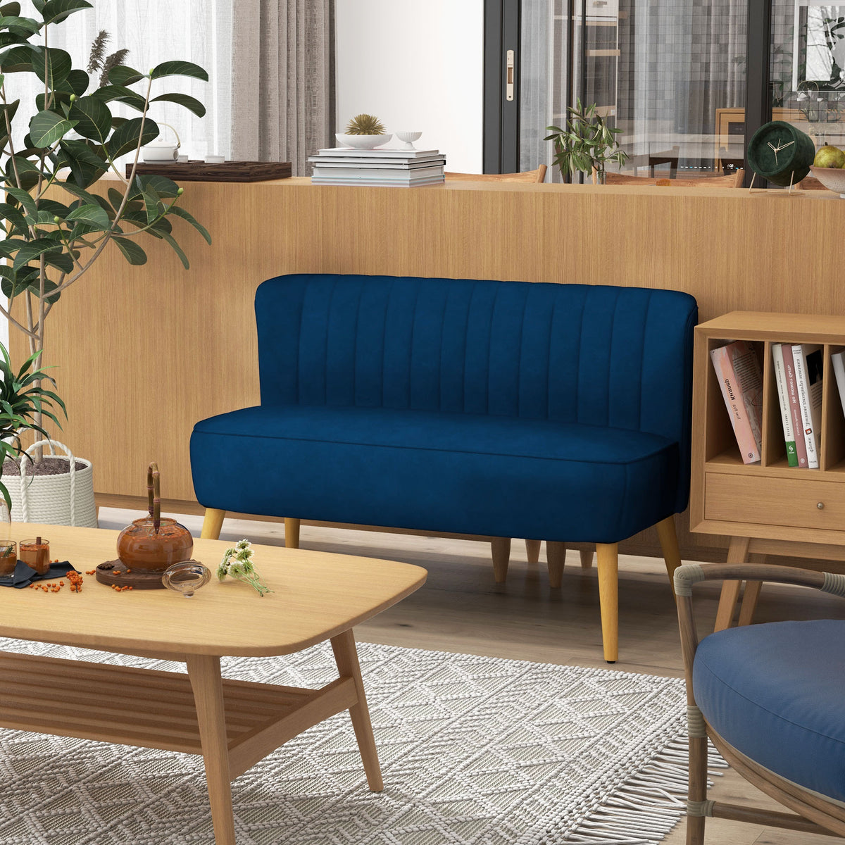 HOMCOM Sofa Retrodesign 2-Sitzer-Sofa, Holzbeine, 117 cm x 56,5 cm x 77 cm, Blau – Produktabbildung 2