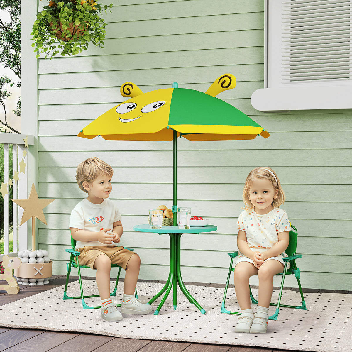Gartenmöbel-Set für Kinder, Stühle, Tisch, Sonnenschirm, Bienen-Design, Grün+Gelb – Produktabbildung 2