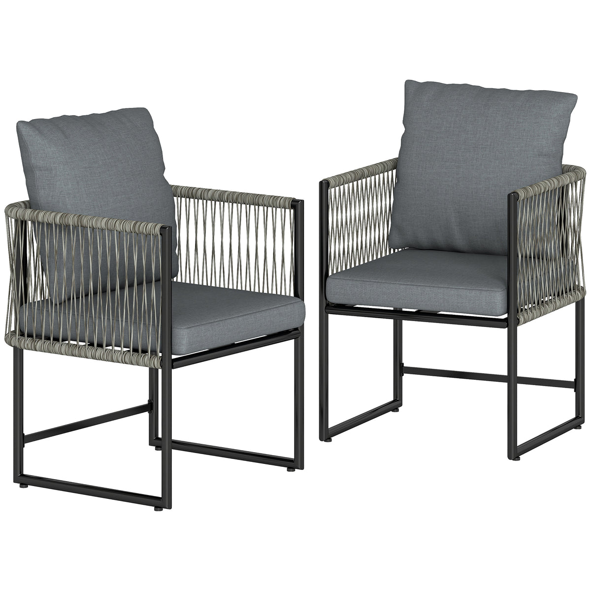 Outsunny Gartenstuhl 2er Set wetterfest Gartenstühle aus Stahl PE-Rattan mit Kissen Armlehne Rückenlehne