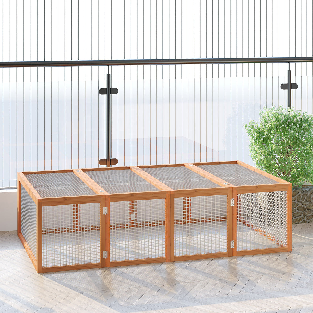 PawHut Hasenstall Kaninchenstall aus Holz Winterfest Kaninchenkäfig mit aufklappbar Dach 181x100x48 cm – Produktabbildung 2