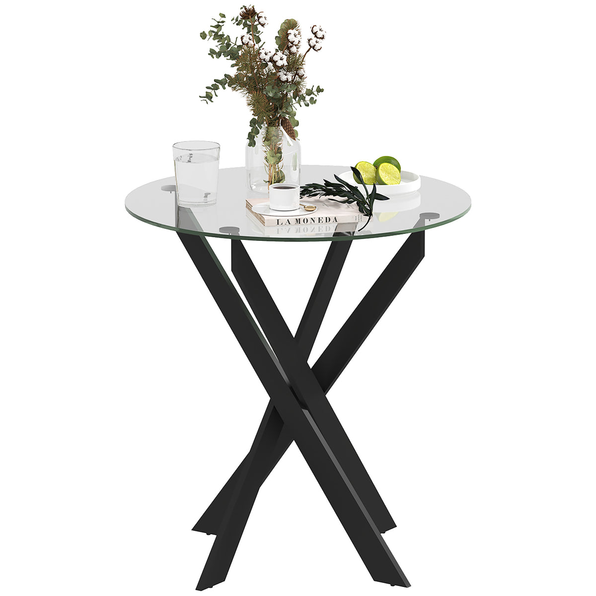 HOMCOM Moderner Glas-Esstisch, 70 cm Durchmesser, Küchentisch mit gehärteter Glasplatte und Metallbeinen, für
