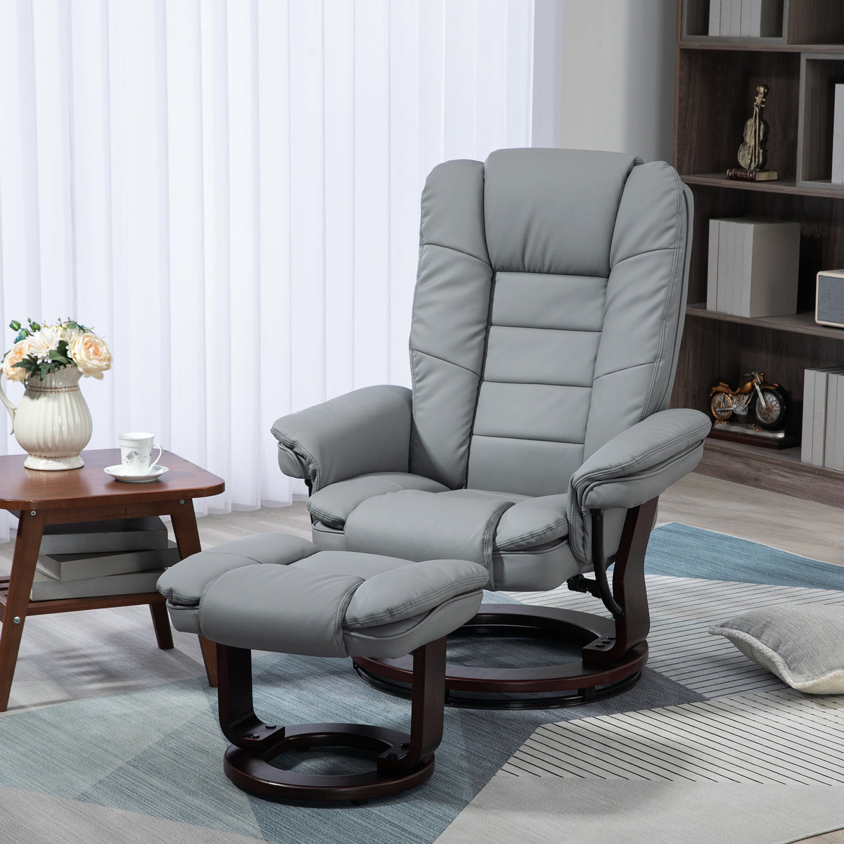 HOMCOM Relaxsessel mit Hocker, Liegesessel, drehbar, neigbare Lehne, Lederoptik, bis 130 kg, Grau – Produktabbildung 2