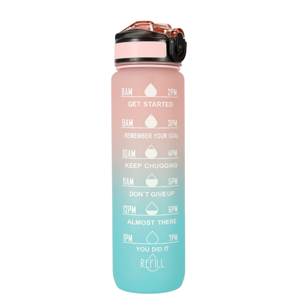 IKONKA Wasserflasche Bidon mit Strohhalm Griff motivierende Maßnahme für die Turnhalle 1l rosa und blau