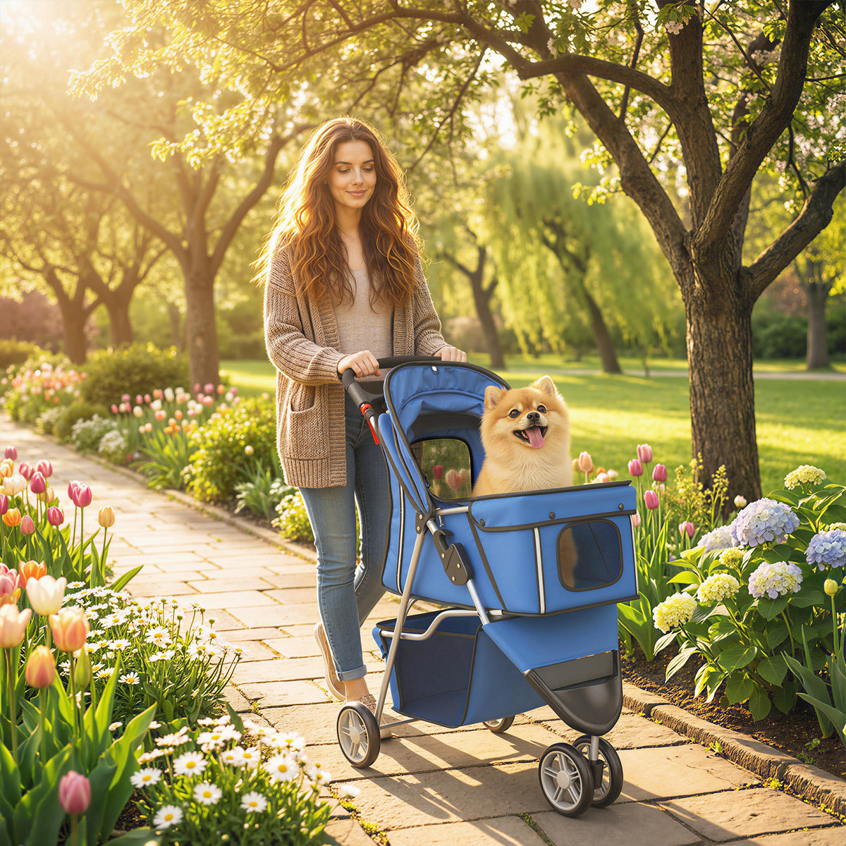 PawHut Hundewagen Hundebuggy Faltbar bis 10kg mit Aufbewahrungskorb, Kissen, Netzfenstern, für kleine – Produktabbildung 2