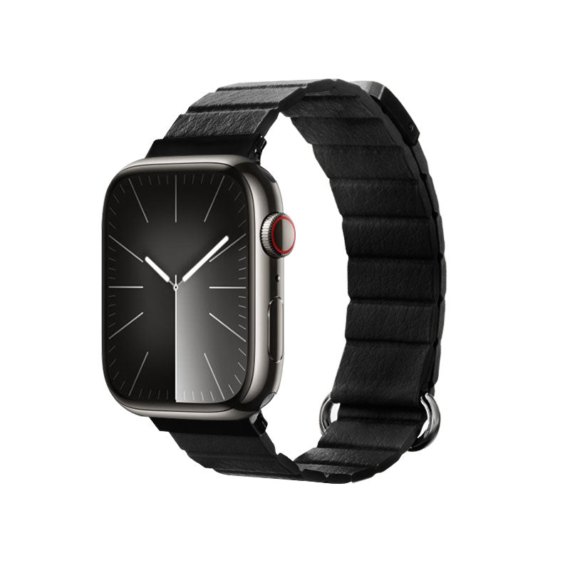 Crong Eclipse - magnetische Leder- Armband für Apple Watch 44/45/46/49 mm (schwarz)