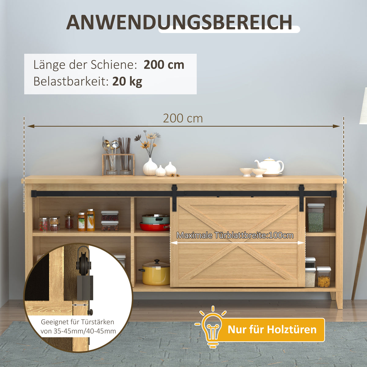 HOMCOM 200 cm Schiebetür Komplettset Schiebetürbeschlag mit Bodenführung, Schiebetür Laufschiene – Produktabbildung 4