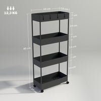 HOMCOM Küchenwagen mit 4 Regalen, 4 flexiblen Haken, 4 Rollen, 40 cm x 19 cm x 90 cm, Nischenwagen – Produktabbildung 3