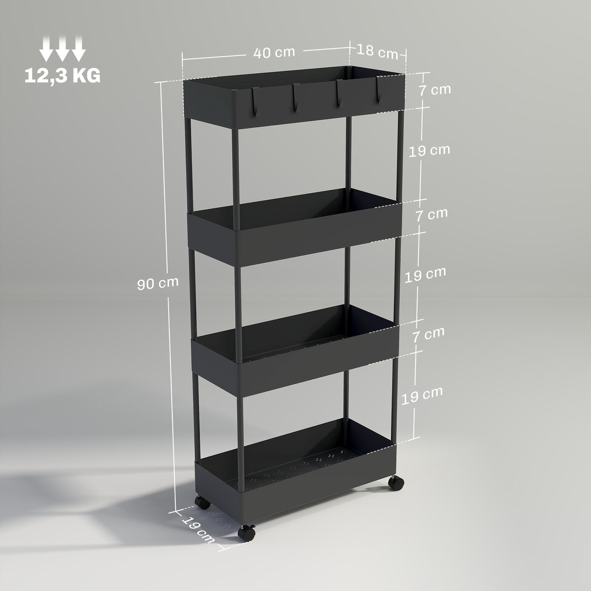 HOMCOM Küchenwagen mit 4 Regalen, 4 flexiblen Haken, 4 Rollen, 40 cm x 19 cm x 90 cm, Nischenwagen – Produktabbildung 3