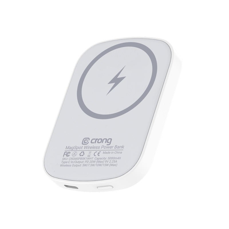 Powerbank Crong MagSpot - ultra tenká kabellose Powerbank s MagSafe 5000mAh, USB-C 20W PD (weiß)