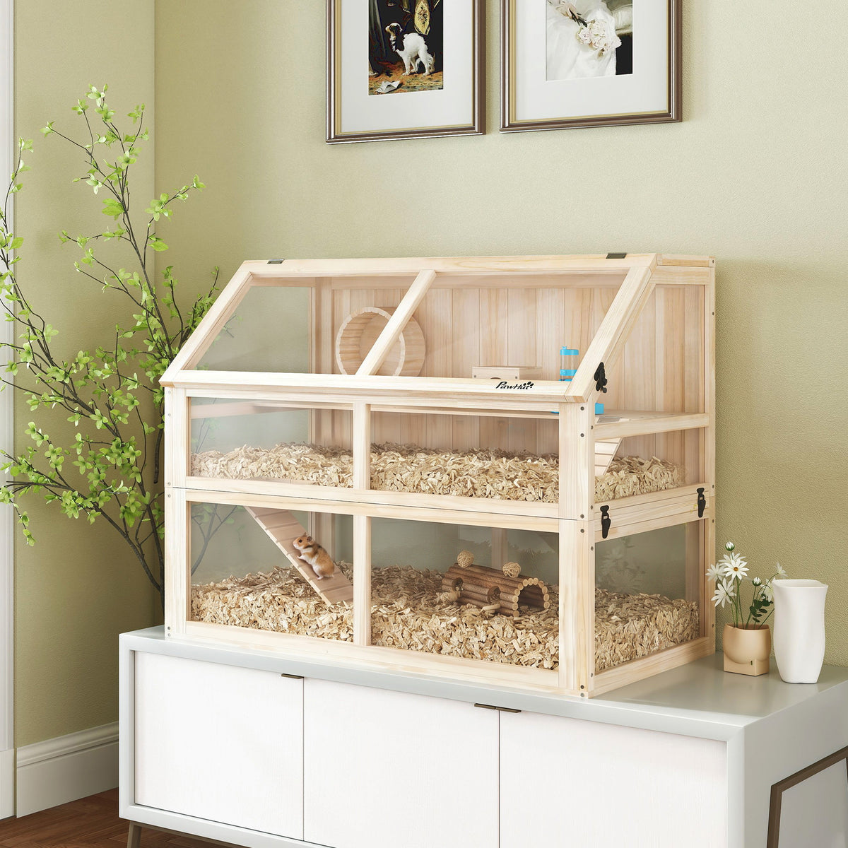 PawHut Hamsterkäfig aus Holz 3 Etagen Nagerkäfig Kleintierkäfig mit Wippe Laufrad Hütte 95 x 53 x 76 cm – Produktabbildung 2
