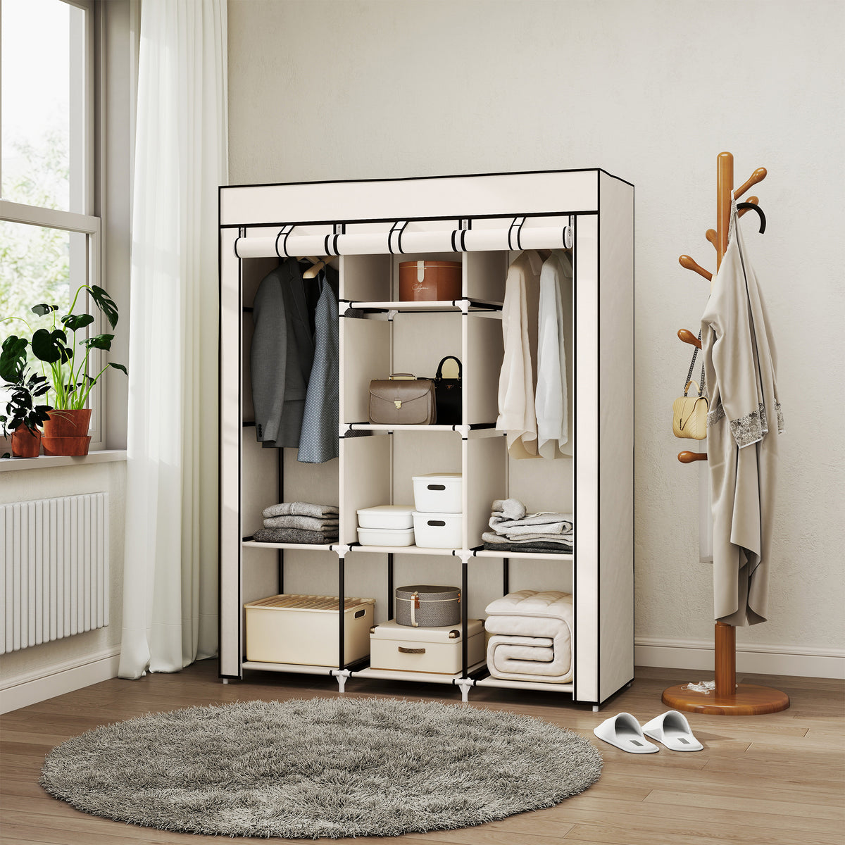 HOMCOM Schrank aus Stoff, Aufbewahrungslösung, 8 Regale, 2 Kleiderstangen, Cremeweiß – Produktabbildung 2