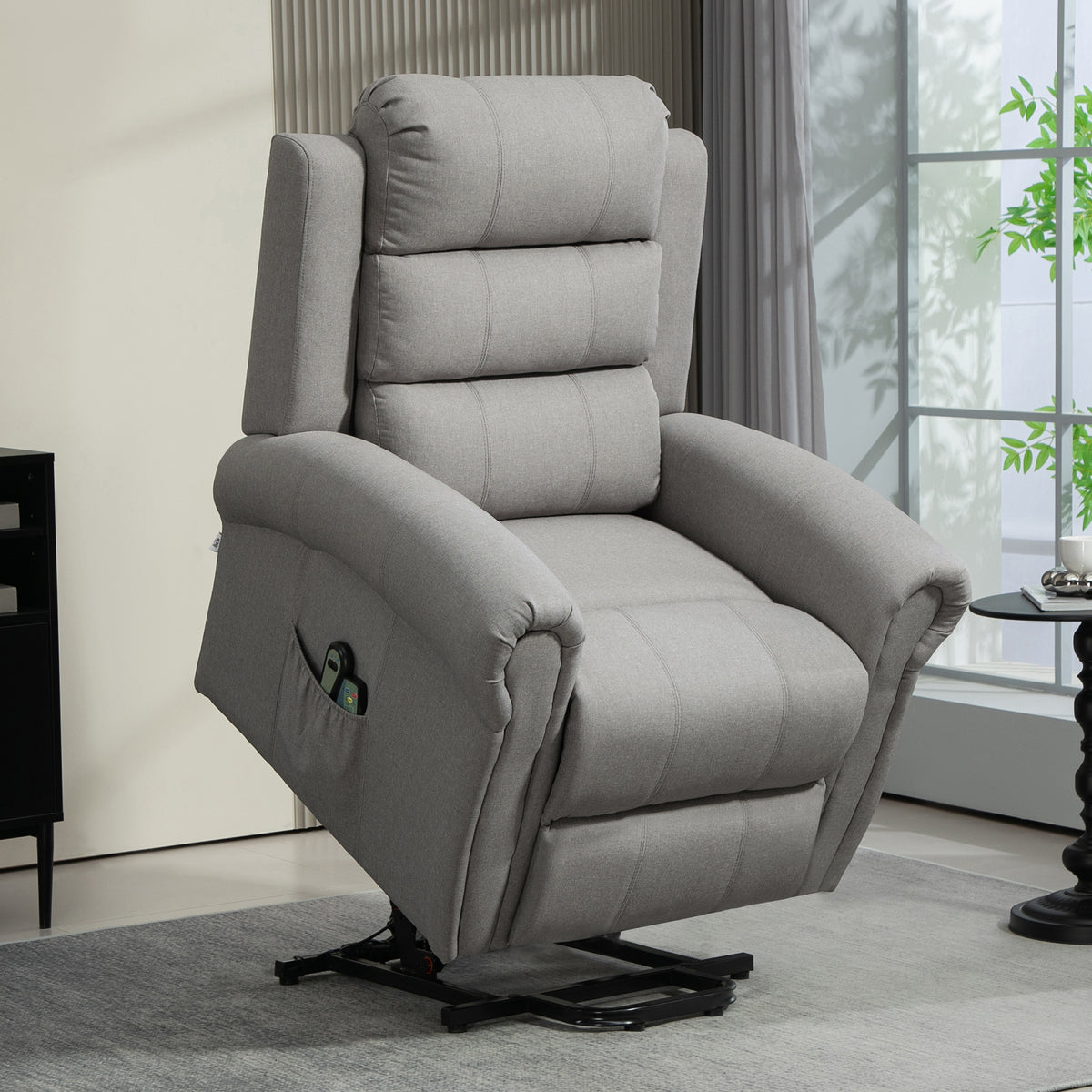 HOMCOM Relaxsessel mit Aufstehhilfe, 8 Massagepunkte, beheizbare Rückenlehne, Leinenoptik, Hellgrau – Produktabbildung 2