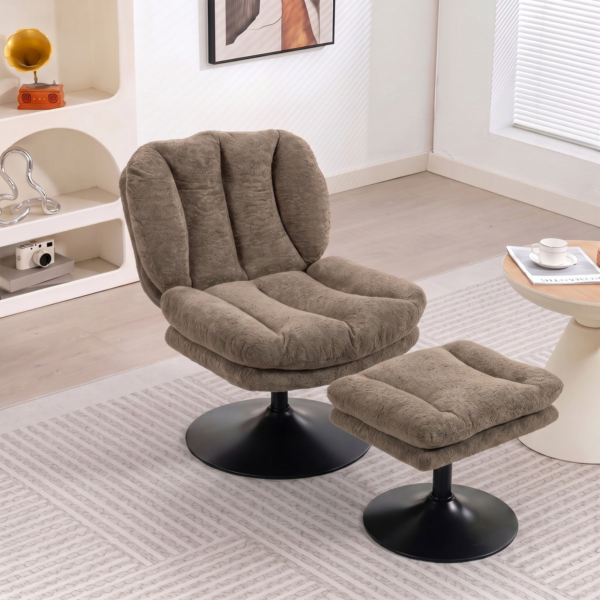 HOMCOM Loungesessel mit Hocker, 360° drehbar, aus Raindrop-Samt, höhenverstellbarer Fußhocker, Braun – Produktabbildung 2