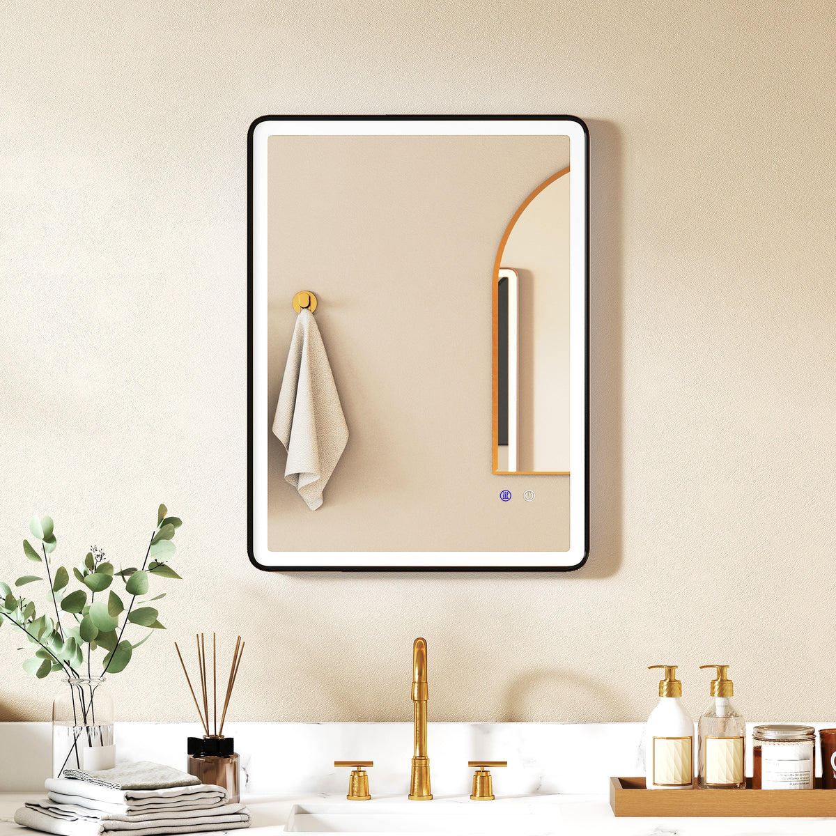 HOMCOM LED-Badezimmerspiegel Anti-Beschlag Dimmbare Schminkspiegel mit Beleuchtung 80 x 60 cm Schwarzer – Produktabbildung 2