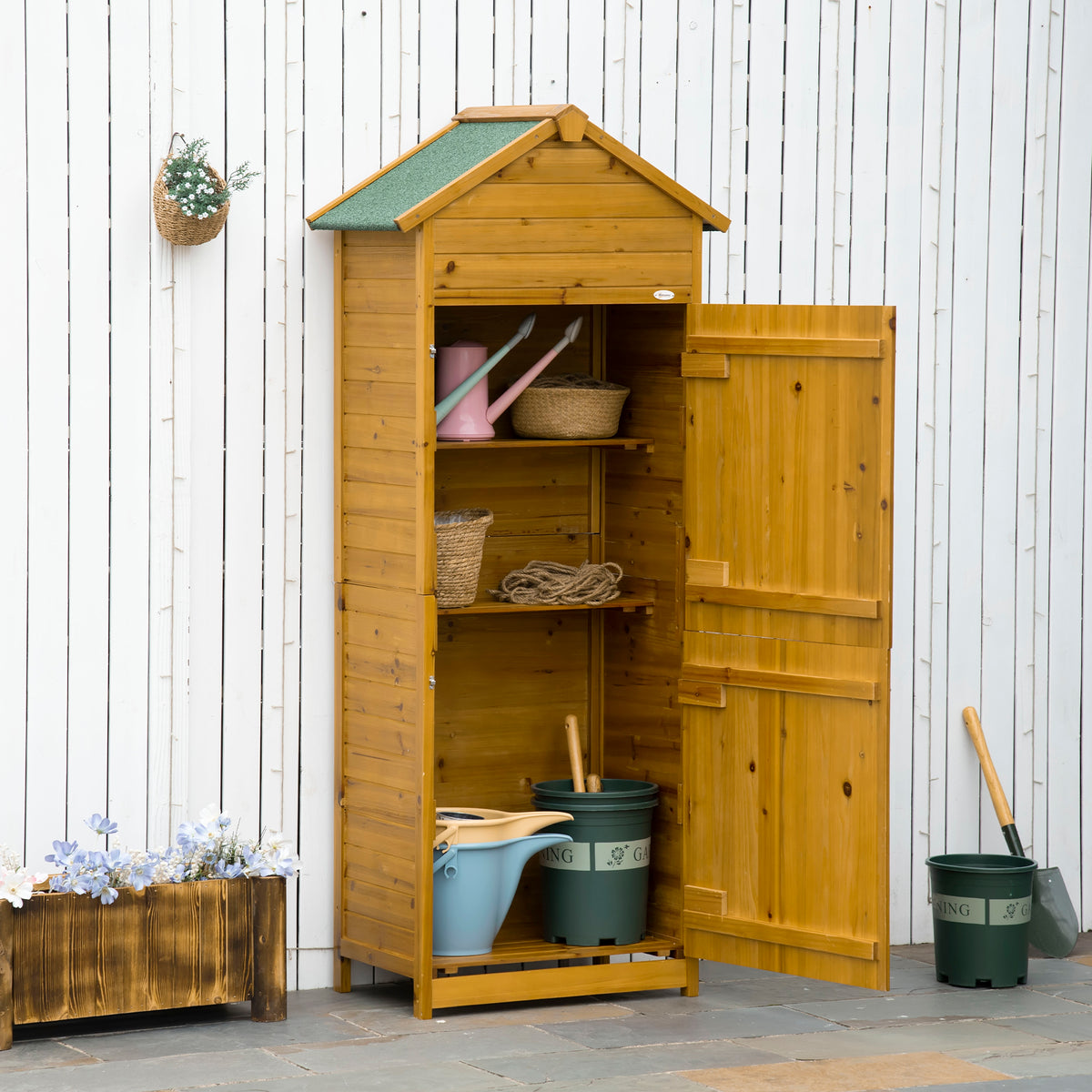 Outsunny Geräteschrank, Gartenschuppen, 2 Regale, 2 Türen, wetterfest, Naturholz, 79 x 49 x 190cm – Produktabbildung 2