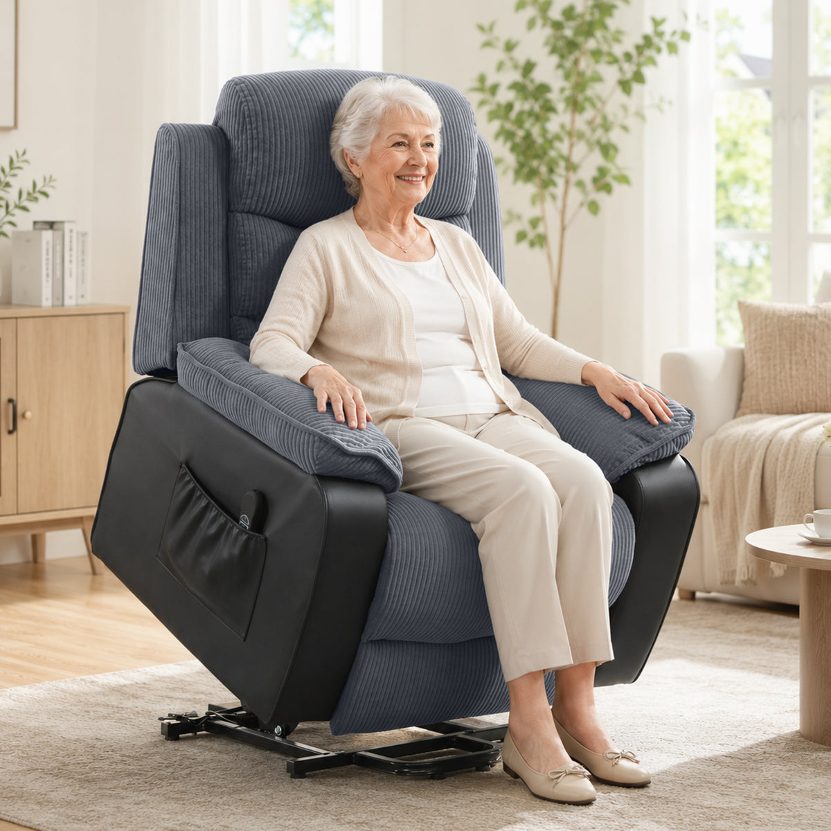 HOMCOM Aufstehsessel mit weichem Cordbezug, Recliner-Sessel mit Fernbedienung und Seitentaschen – Produktabbildung 2