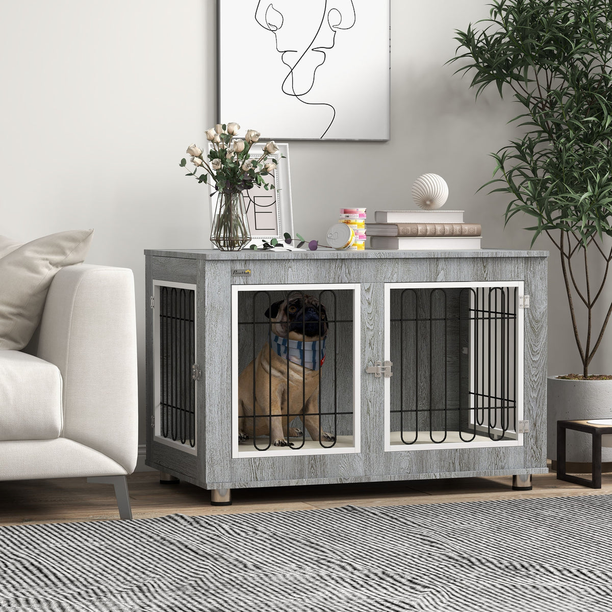 PawHut Hundekäfig Hundebox waschbares Polster, 2 Verriegelungen, 90 cm x 58 cm x 65 cm, Grau – Produktabbildung 2