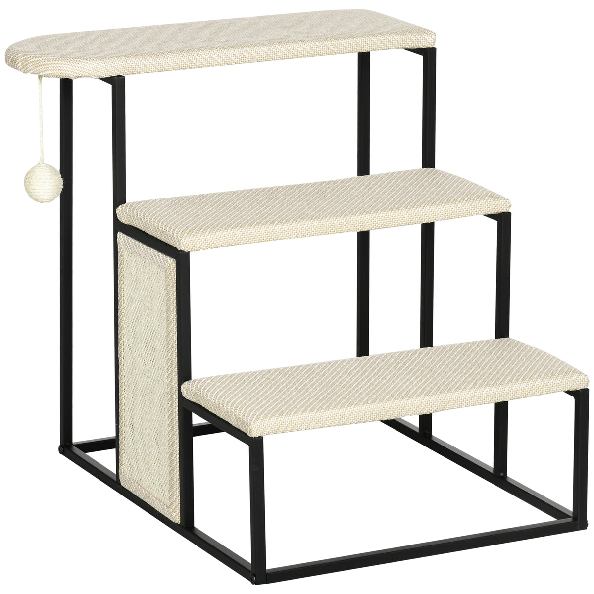 PawHut Katzentreppe, mit Kratzbrett, 3 Stufen, Spielball, robust, Stahl+Sisal, cremeweiß+schwarz, 51 x 54 x