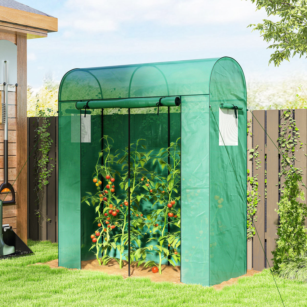 Outsunny Tomatengewächshaus Foliengewächshaus mit Rolltor Netzfenster Bogendach 170 x 68 x 200 cm Grün – Produktabbildung 2