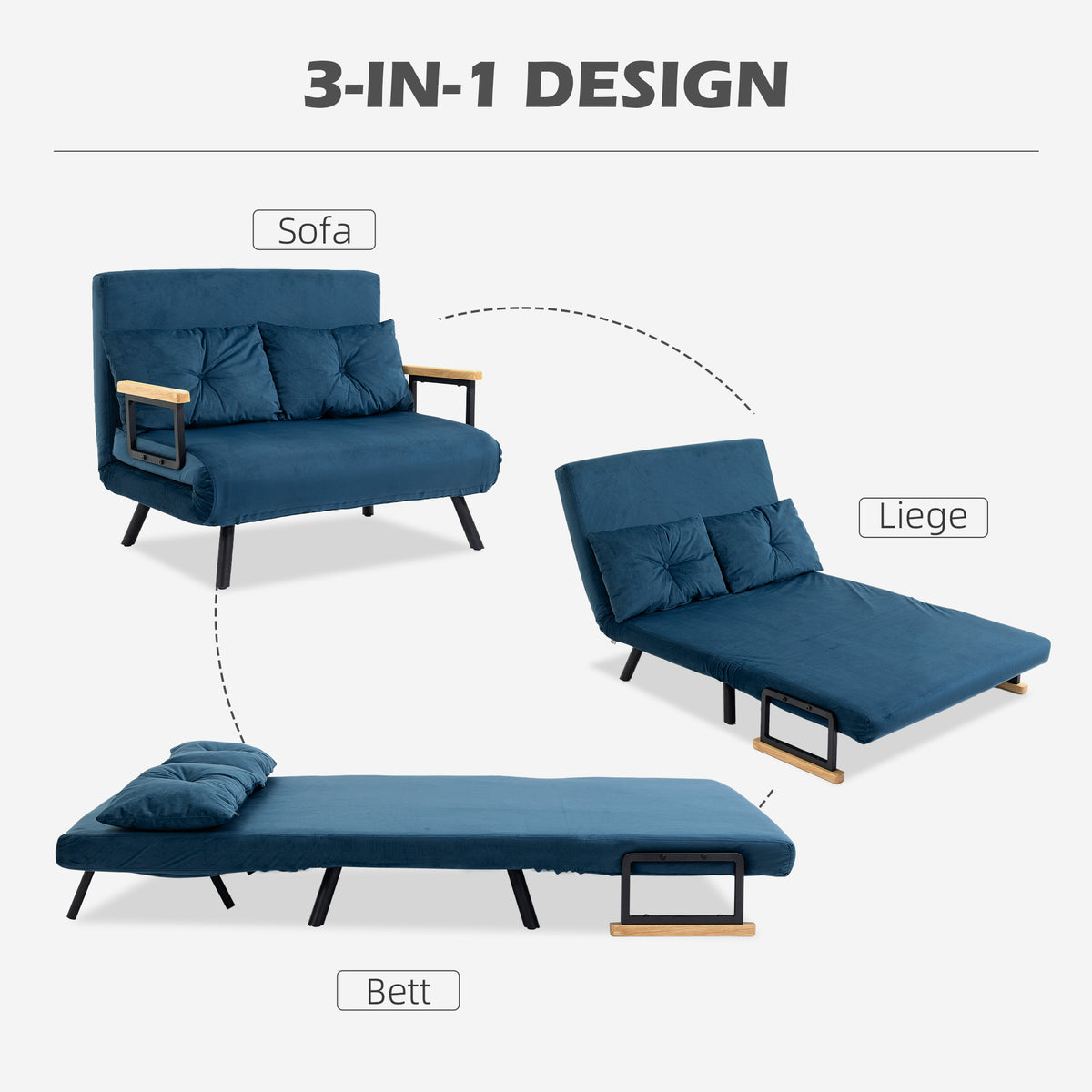HOMCOM Schlafsofa 2er-Sofa Samtsofa, Schlaffunktion, inkl. 2 Kissen, Samtoptik, Natur + Blau – Produktabbildung 4