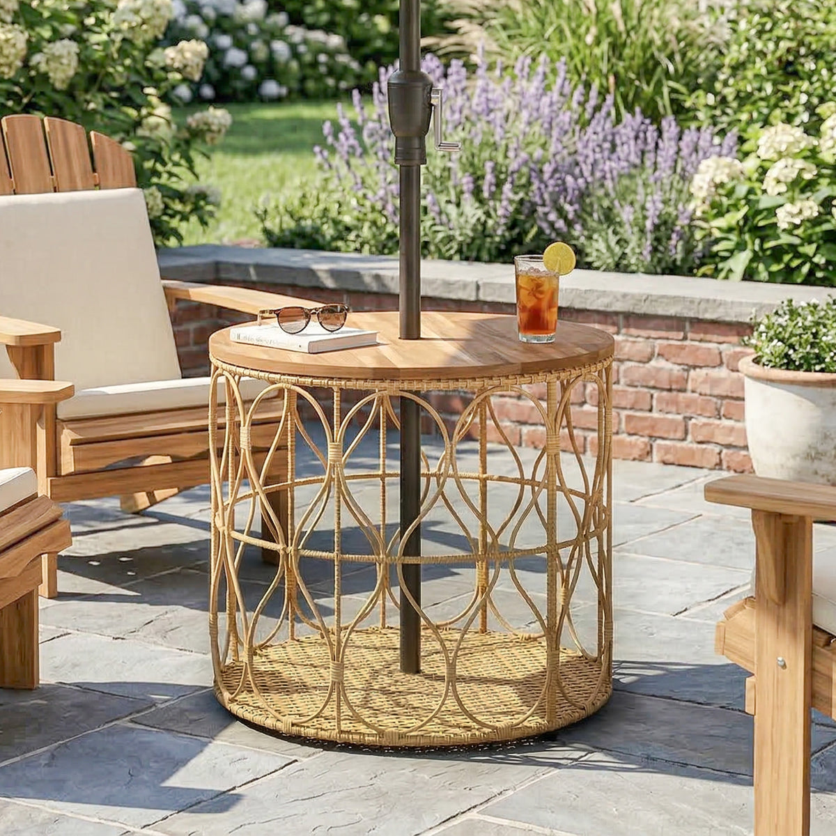 Outsunny Beistelltisch Ø50 cm wetterfest Gartentisch mit Rattanoptik Akazienholzplatte verstellbaren – Produktabbildung 2