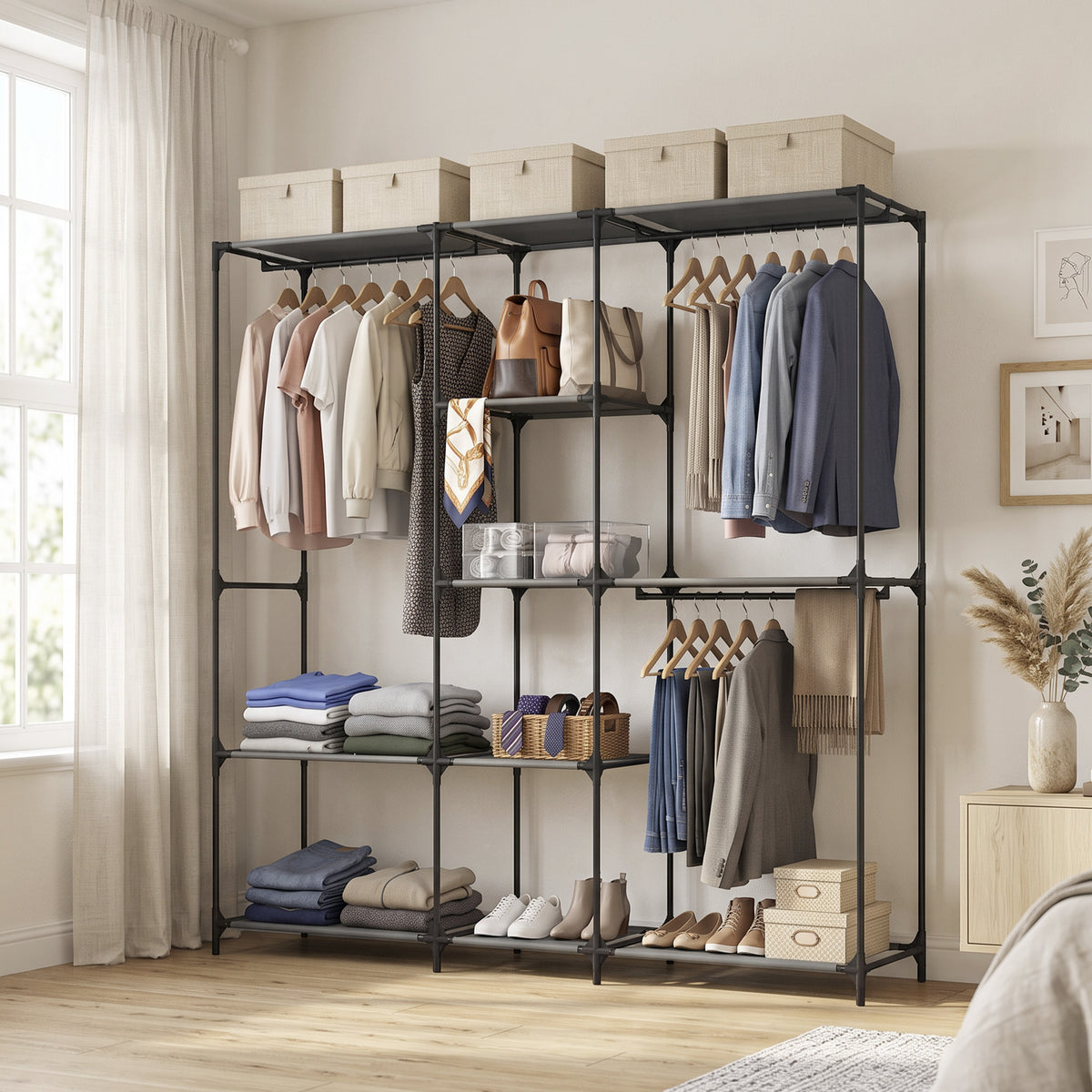 HOMCOM Textil-Kleiderschrank, tragbar, werkzeuglos, mit 3 Kleiderstangen und 5 Ablagen, 182 x 43 x 182 – Produktabbildung 2