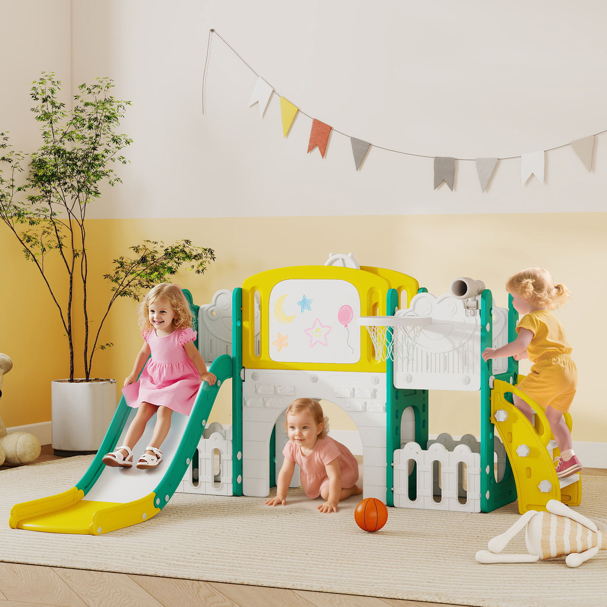 7-in-1 Rutschenset für Kleinkinder, Basketballkorb, Froschdesign, Klettergerüst, Schaukelsitz, für – Produktabbildung 2