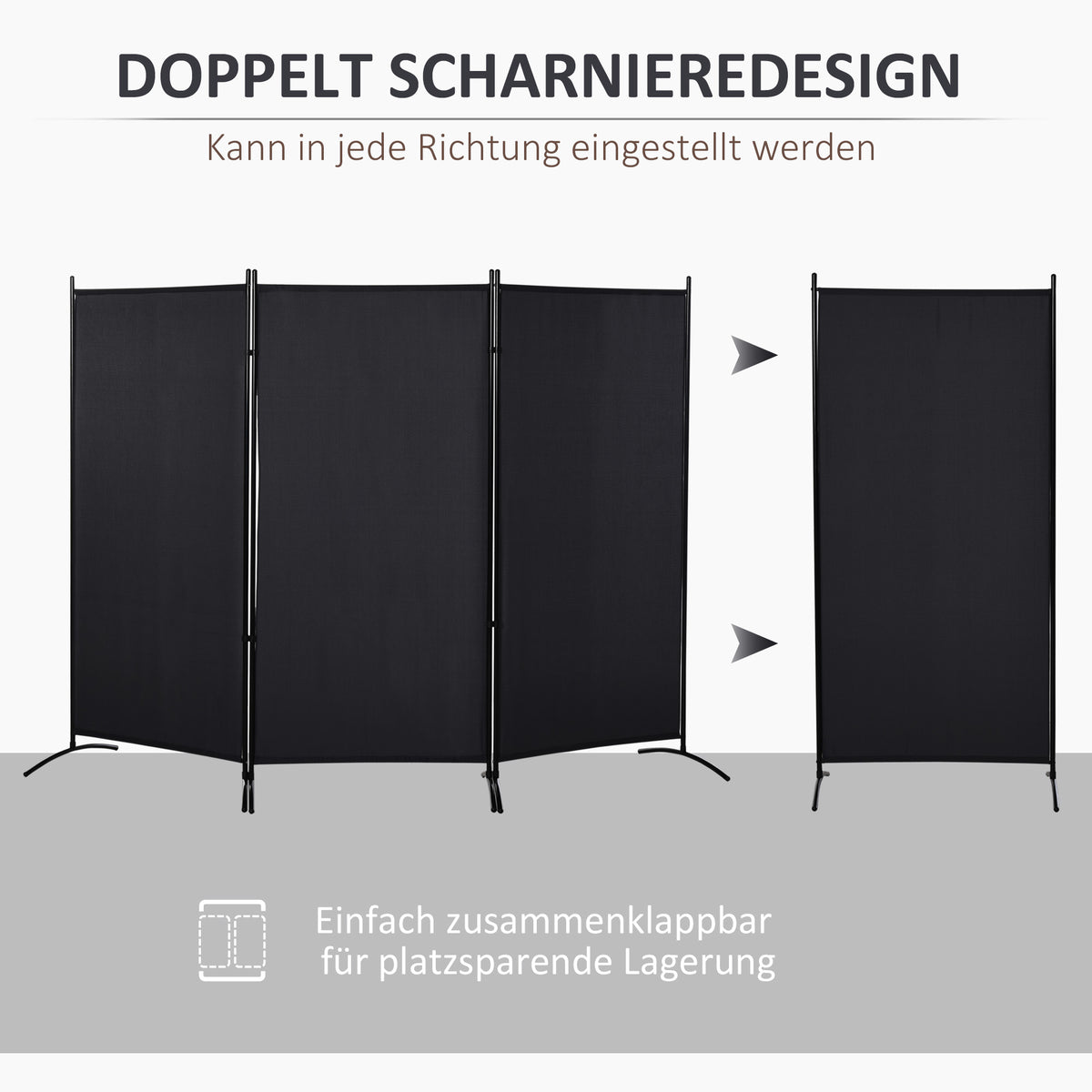 HOMCOM Raumteiler, 3-teiliger Sichtschutz, Raumtrenner mit Metallrahmen, Schwarz – Produktabbildung 4