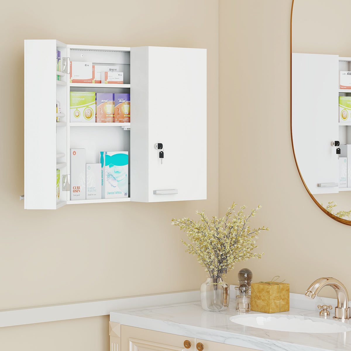 HOMCOM Medizinschrank abschließbar 2-türig Hängend Medikamentenschrank mit 11 Fächer 2 Schlüssel, 53 x – Produktabbildung 2