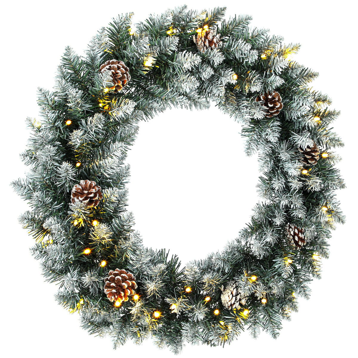 HOMCOM Weihnachtskranz 60 cm Beleuchtet Türkranz mit 50 LEDs Zapfen Kunstschnee für Weihnachten Advent
