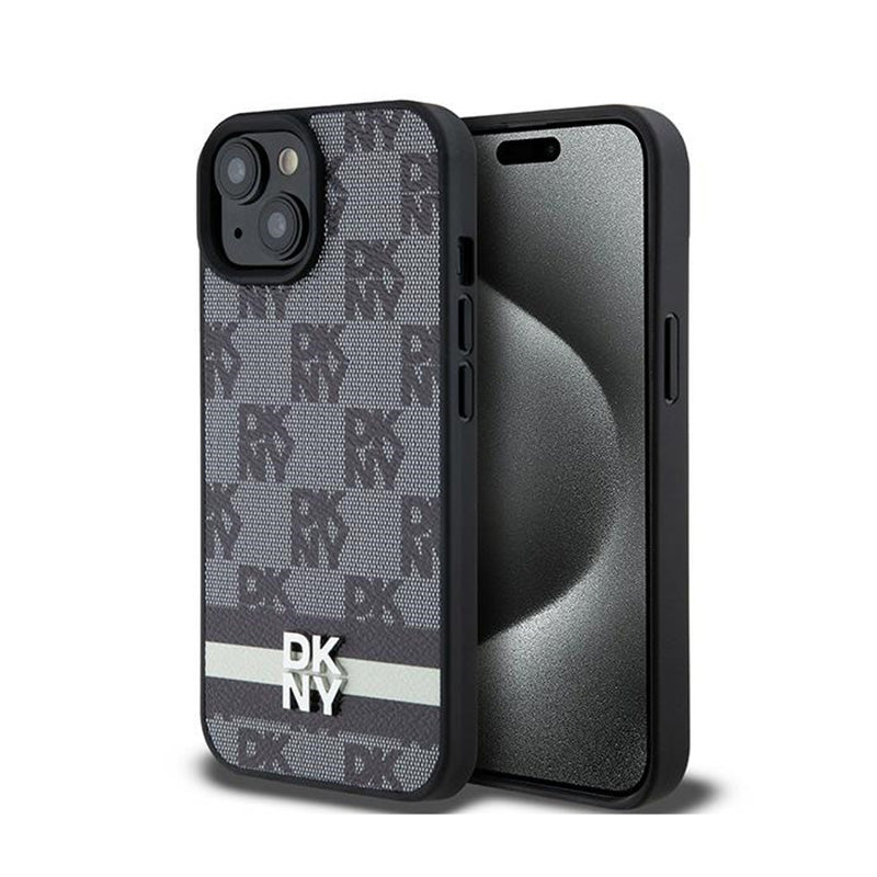 DKNY Leather Checkered Mono Pattern & Printed Stripes - Hülle für iPhone 15 / 14 / 13 (schwarz)