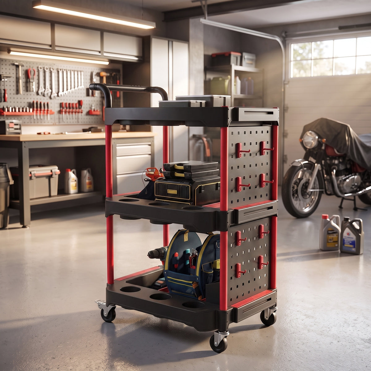 HOMCOM Werkzeugwagen mit 3 Ebenen, Lochwand und Haken, rollbarer Werkstattwagen mit Bremsen, Schwarz/Rot – Produktabbildung 2