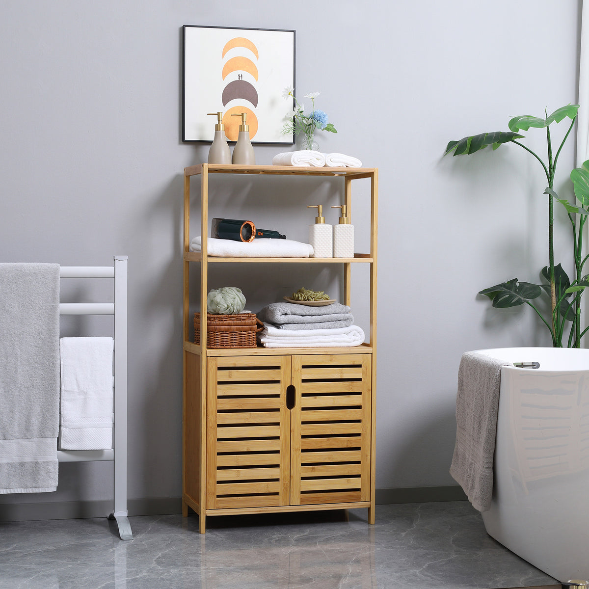 KleanKin Badezimmerschrank, Badezimmerkommode mit Lamellentüren, Badregal, Bambusholz, Naturholz – Produktabbildung 2