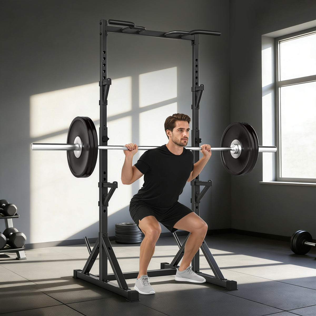 Power Tower freistehend Dip Station mit Langhantelablagen, Kraftturm bis 200 kg aus Stahl, Schwarz – Produktabbildung 2
