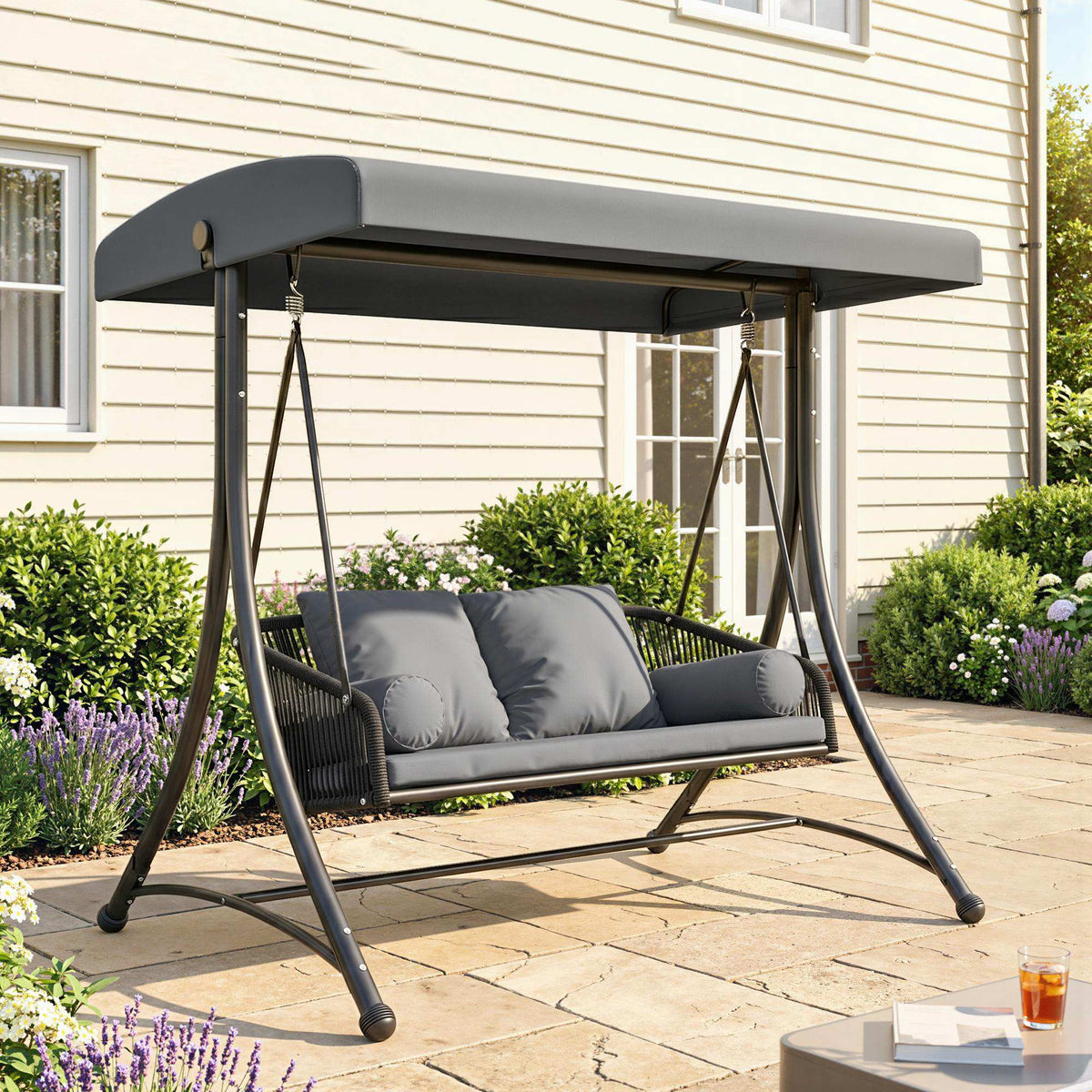 Outsunny Hollywoodschaukel Rattan 2-Sitzer Gartenschaukel mit Verstellbarem Sonnendach weichem Kissen – Produktabbildung 2