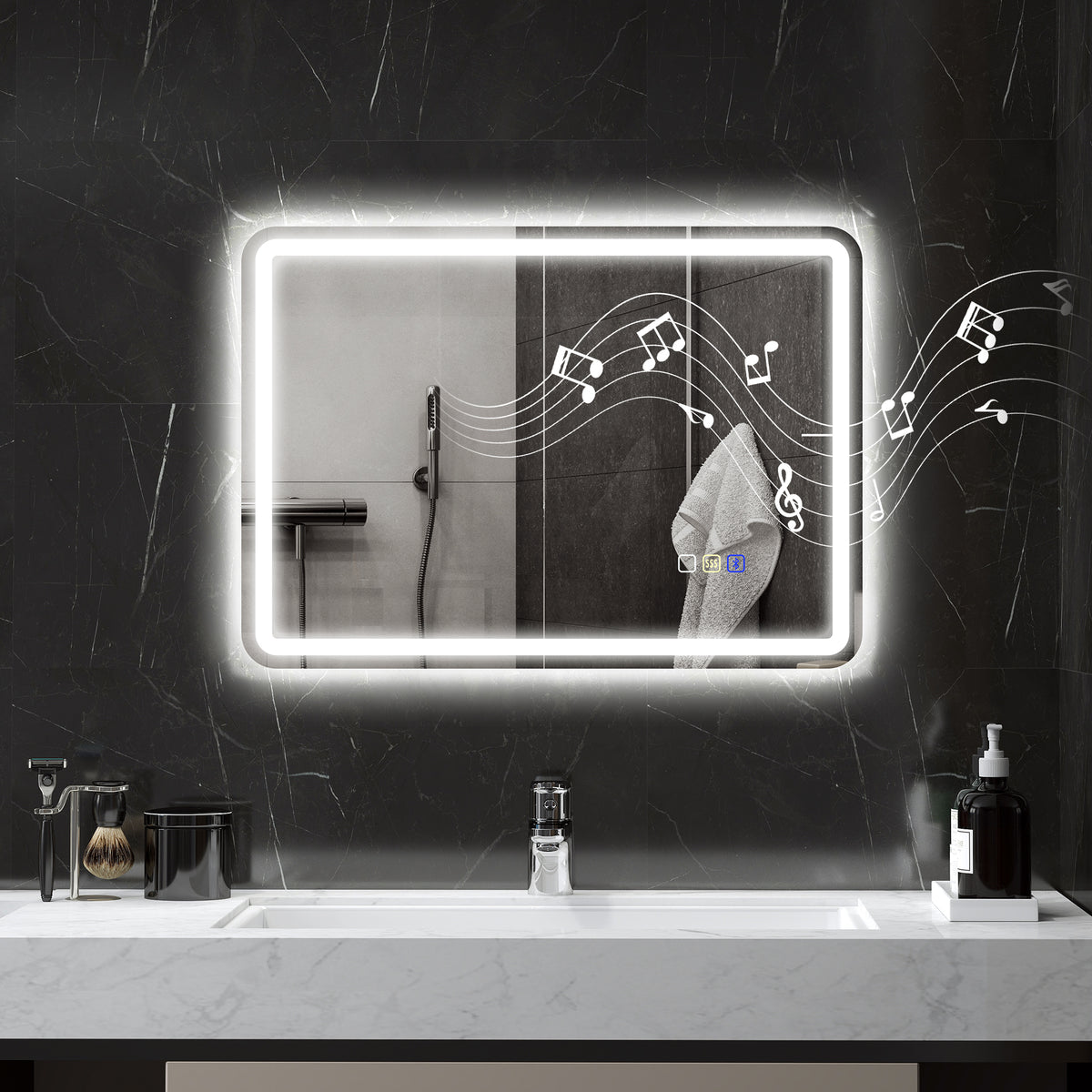 HOMCOM Badezimmerspiegel mit LED-Beleuchtung, Anti-Beschlags-Pad, 3 verstellbare Farben, Silberfarben – Produktabbildung 2