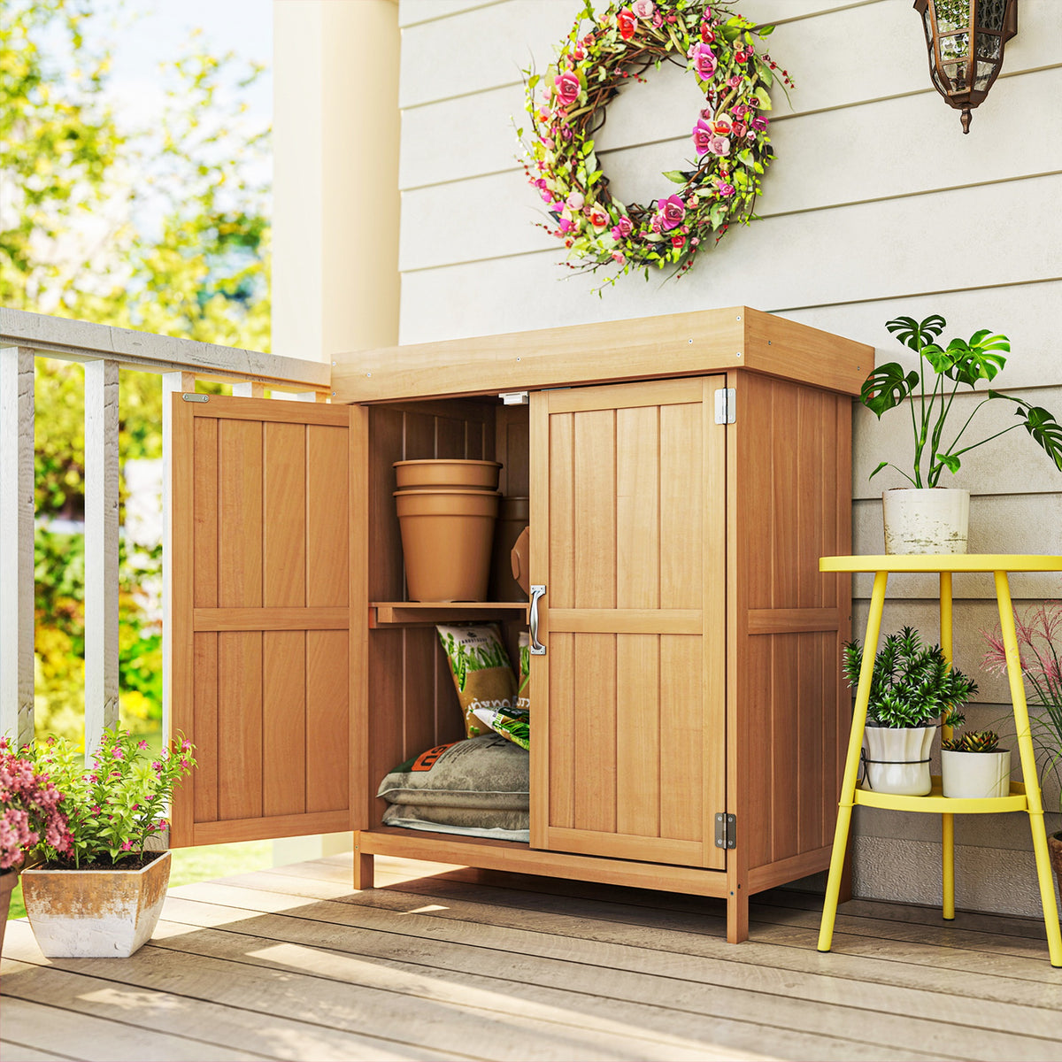 Outsunny Gartenschrank Tannenholz, Geräteschuppen wetterfest 74x43x88cm, Gerätehaus mit Doppeltür, 2 – Produktabbildung 2