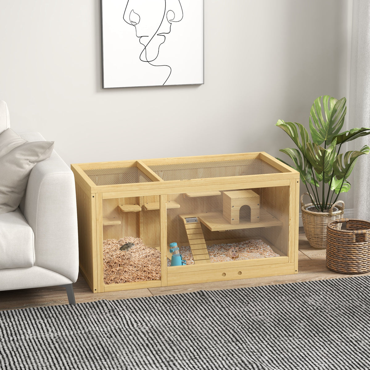 PawHut Kleintierkäfig Nagekäfig, Tannenholz, inkl. Zubehör und Tränke, 100 x 50 x 50 cm, Natur – Produktabbildung 2