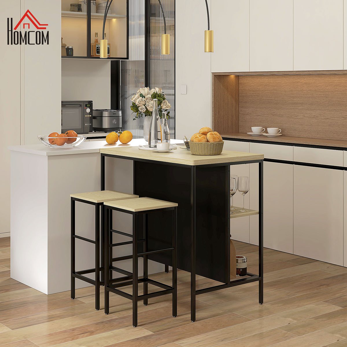 HOMCOM Bar-Set, 2 Barstühle & 1 Bartisch, fleckenresistent, stabil, Stahlrahmen, Schwarz/Eiche – Produktabbildung 2
